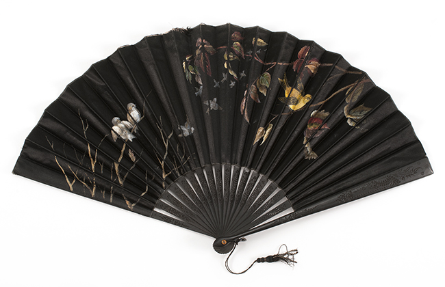 Appraisal: BLACK SATIN AND WOOD FOLDING FAN Late th CenturyBlack satin