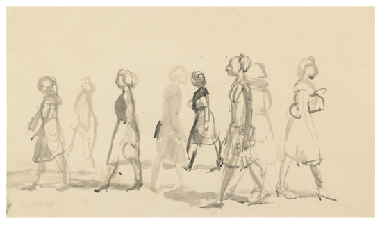 Appraisal: ISABEL BISHOP Studies of Women Walking Brush and gray ink