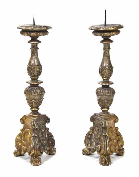 Appraisal: A Pair of Italian Giltwood Pricket Sticks each of baluster