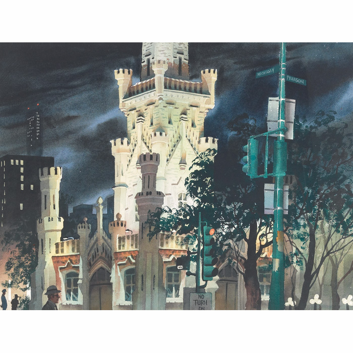 Appraisal: K Sello American th century Watertower at Night c watercolor