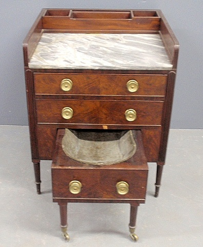 Appraisal: - English Sheraton mahogany commode c with marble top above