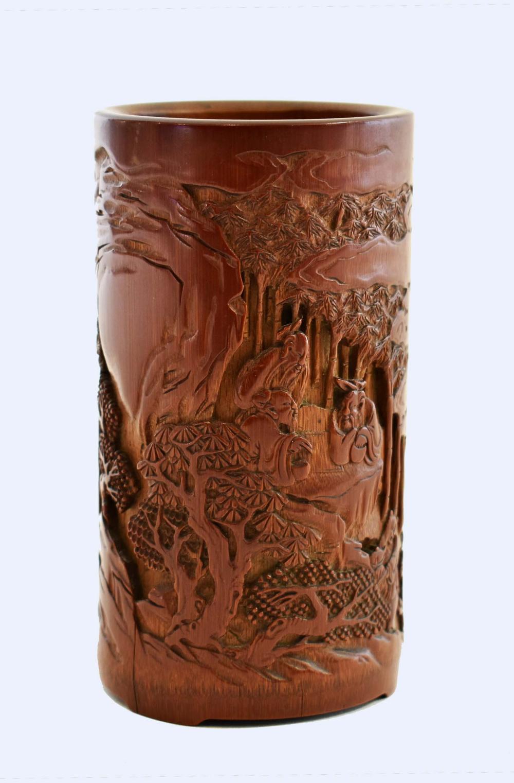 Appraisal: QING DYNASTY BAMBOO BRUSH POTWell carved allaround with figures in