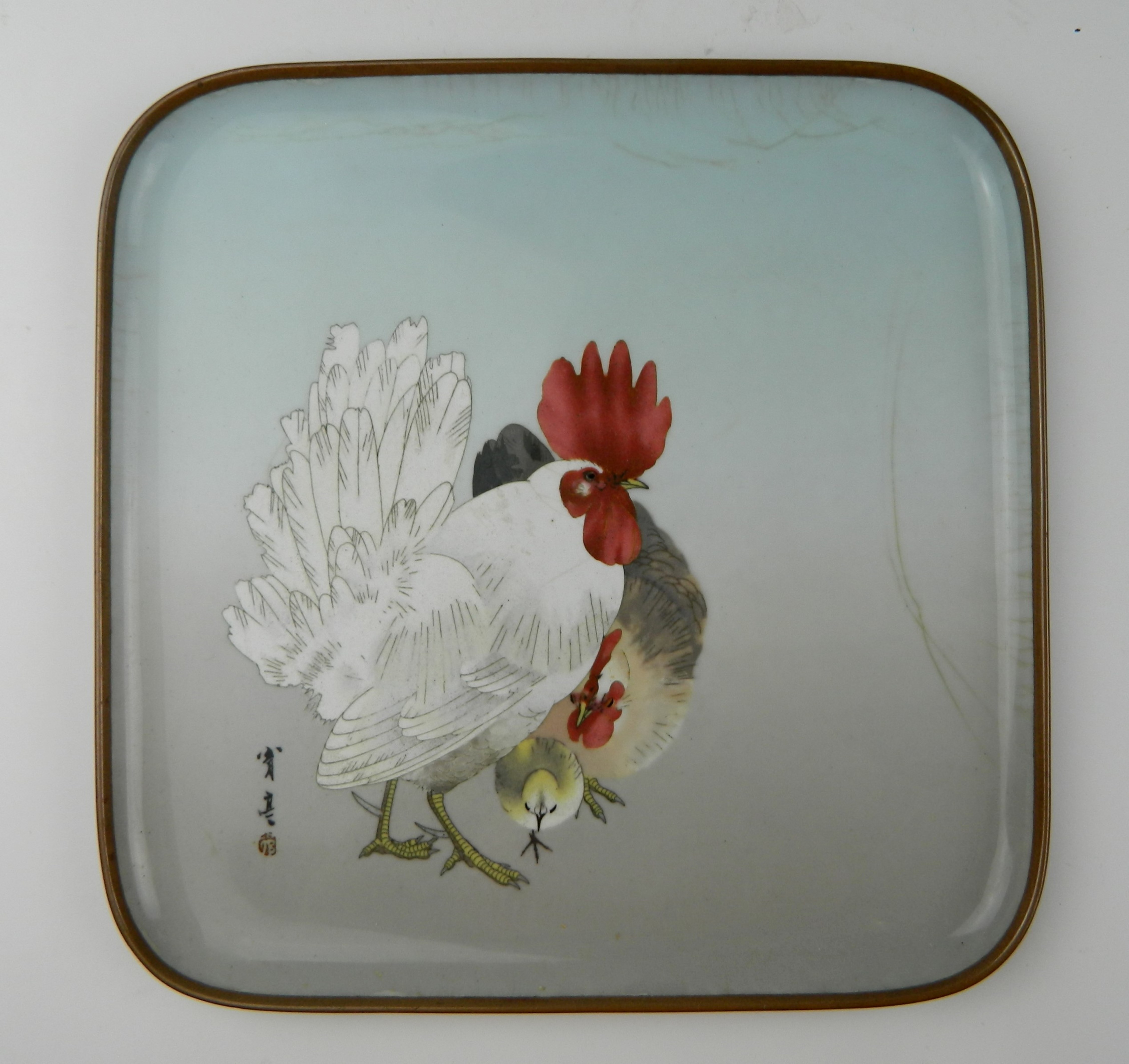 Appraisal: Japanese cloisonne tray- two chicken motif on light blue-gray ground