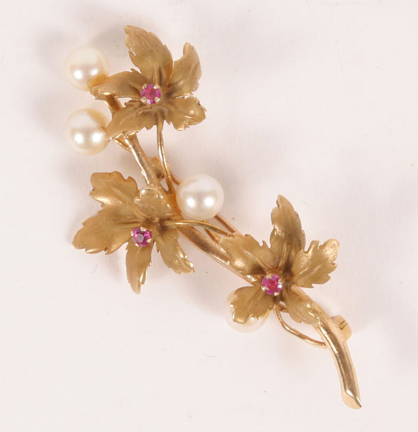 Appraisal: Gold K pearl and ruby floral berry branch pin W