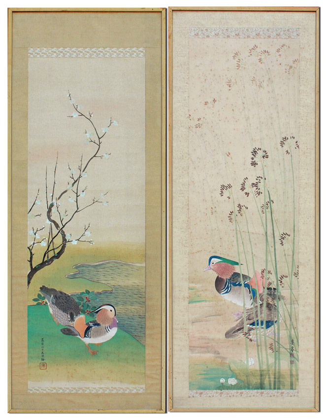 Appraisal: TWO LARGE ORIENTAL DUCK PAINTINGS Watercolor Silk Depicting Ducks in