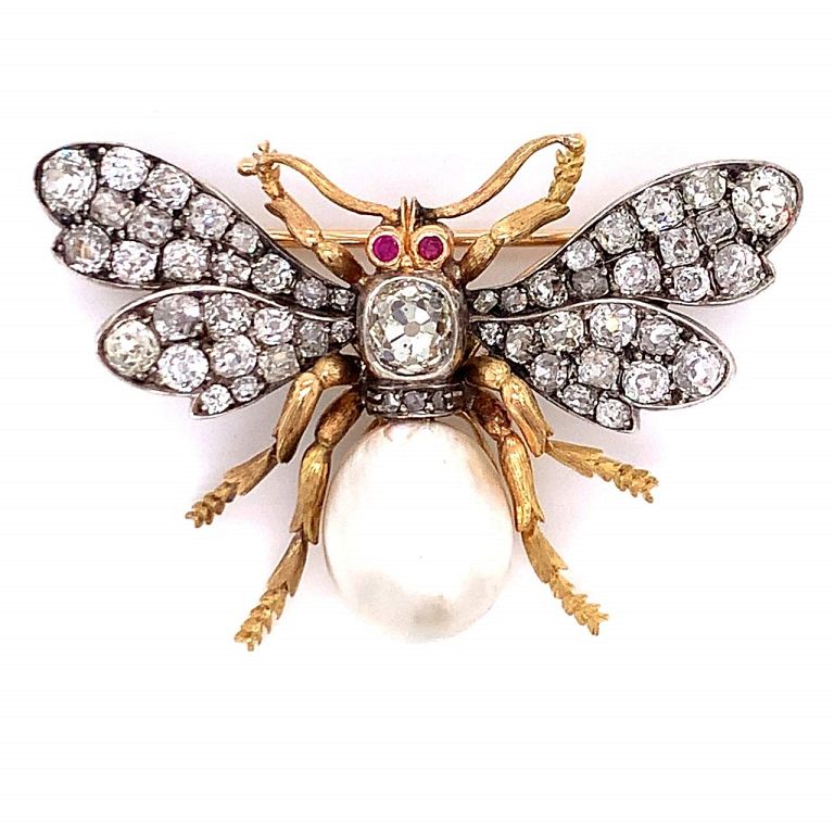 Appraisal: Pearl Diamond Bee Brooch Victorian k and Silver Topped Pin