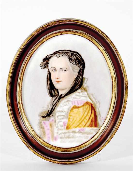 Appraisal: French portrait miniature late th century MARIE LESZEZYASKA painted porcelain