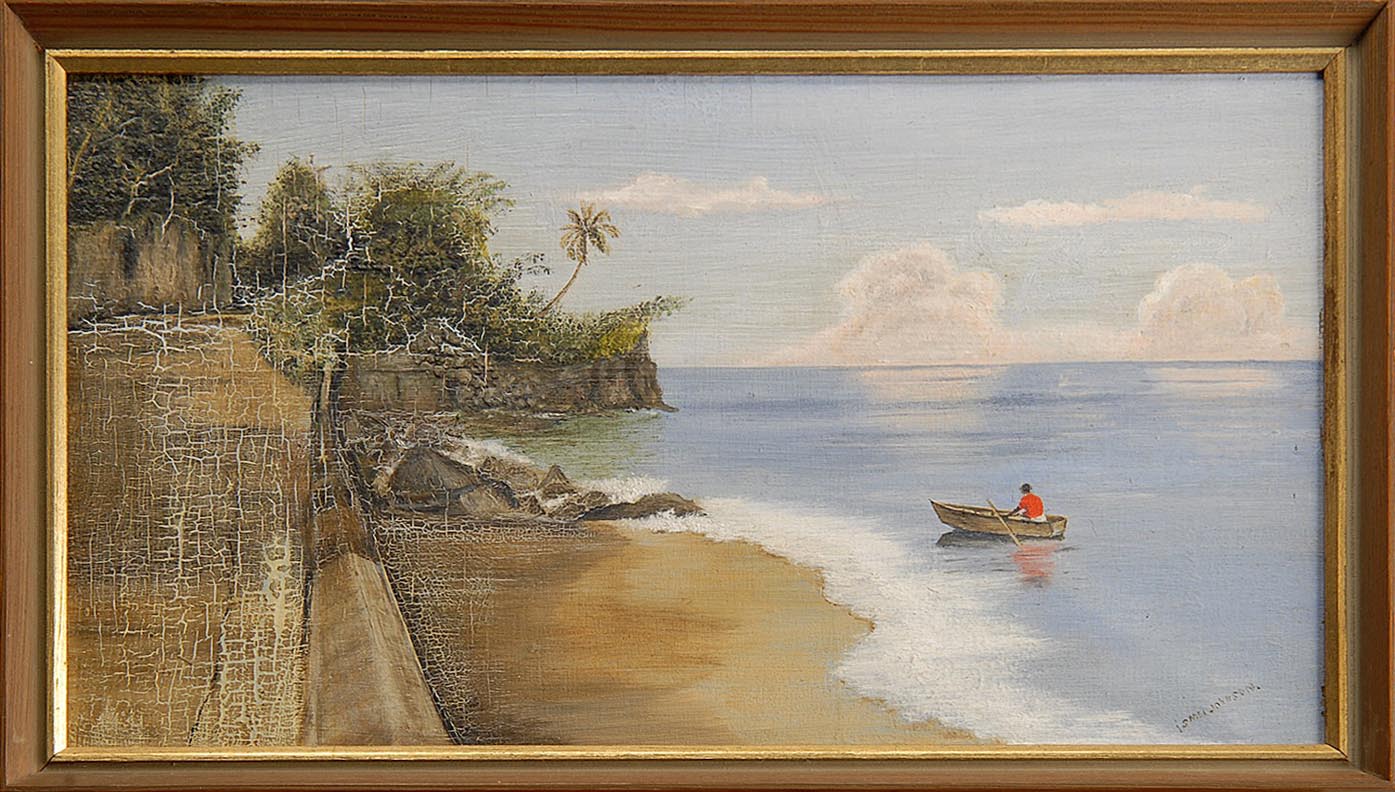 Appraisal: FRAMED PAINTING UNTRACED ARTIST Tropical shore scene Signed lower right