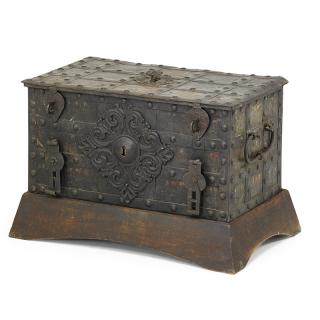 Appraisal: TH CENTURY GERMAN STRONG BOX Elaborate spring lock mechanism with