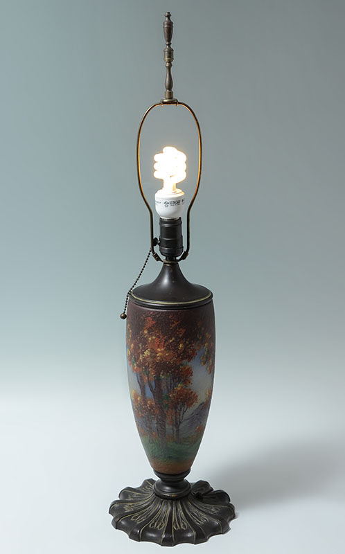 Appraisal: OBVERSE PAINTED CHIPPED ICE GLASS BASE LAMP Obverse painted body