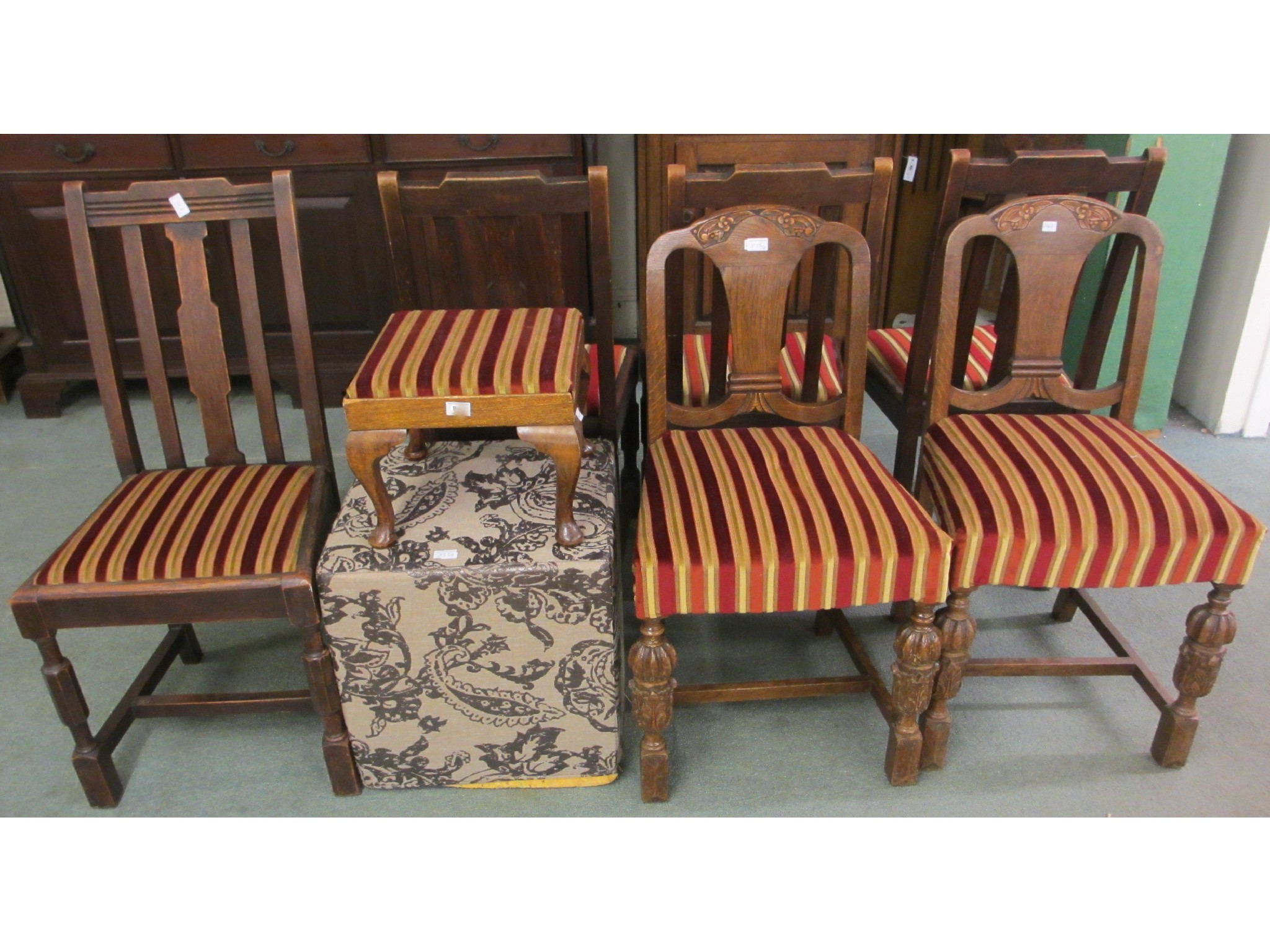 Appraisal: Set of four oak dining chairs pair of chairs stool