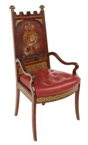 Appraisal: English mahogany armchair th c turned and carved finials turreted