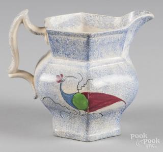 Appraisal: Blue spatter pitcher with peafowl decoration '' h