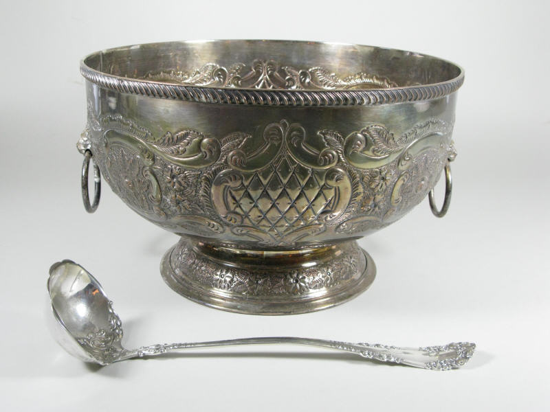 Appraisal: Silverplate Punch Bowl Ladle footed punch bowl with gadrooned rim