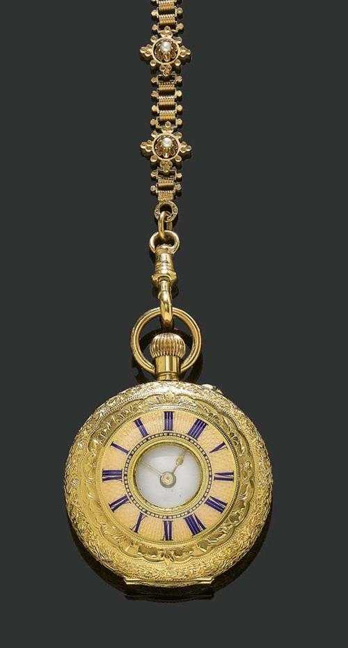 Appraisal: ENAMELLED HALF-SAVONNETTE PENDANT WATCH WITH CHAIN ca Ros gold Small