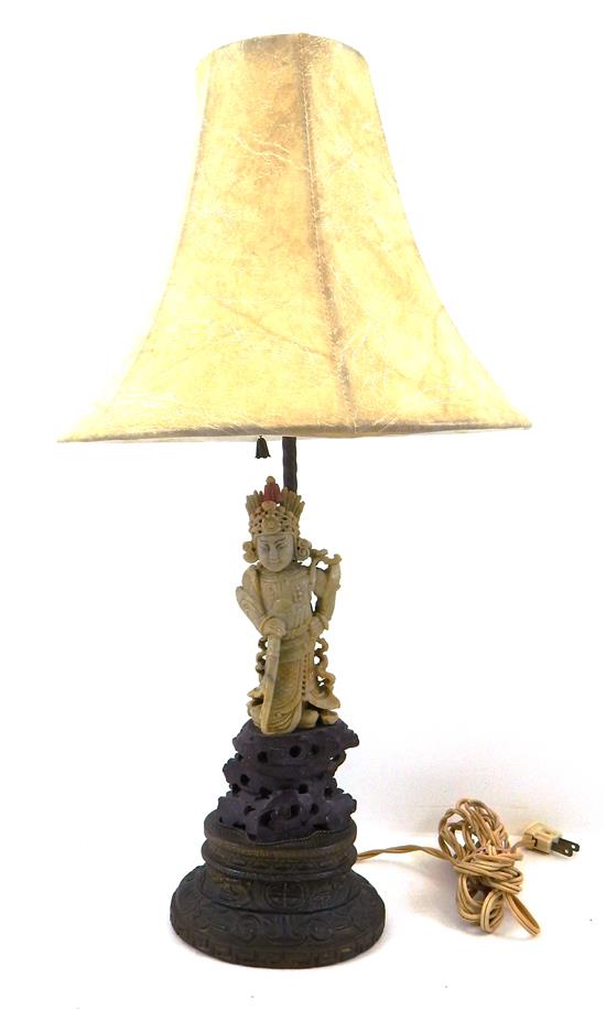 Appraisal: ASIAN Early th C carved Chinese hardstone figural electrified lamp