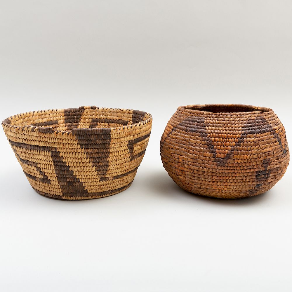 Appraisal: Pima Basket with Geometric Designs Together with a Woven Globular