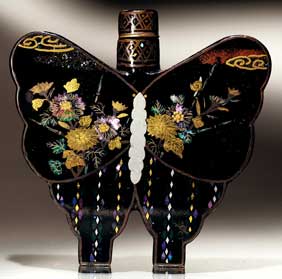 Appraisal: LAC BURGAUTE MOTH SNUFF BOTTLE Very unusual lac burgaute inlaid