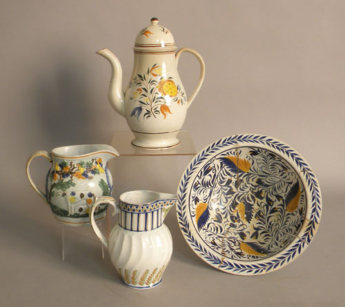 Appraisal: Leeds coffee pot together with two prattware pitchers early th