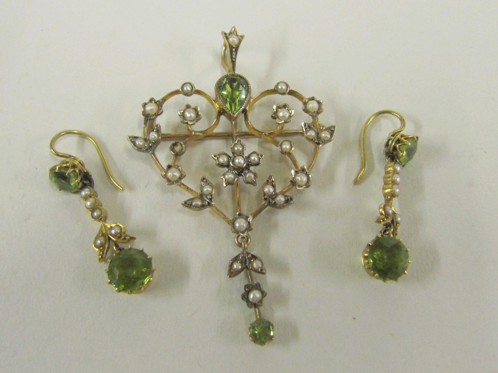 Appraisal: Edwardian gold seed pearl and peridot set pendant brooch and