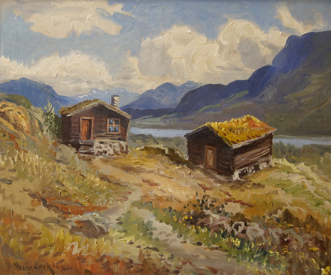 Appraisal: Leiv Erikson Norwegian Landscape with two wooden cabins oil on