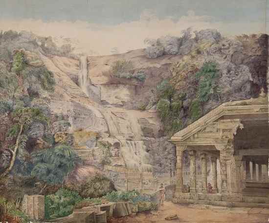 Appraisal: Circle of William Simpson Indian temple by a waterfall watercolour