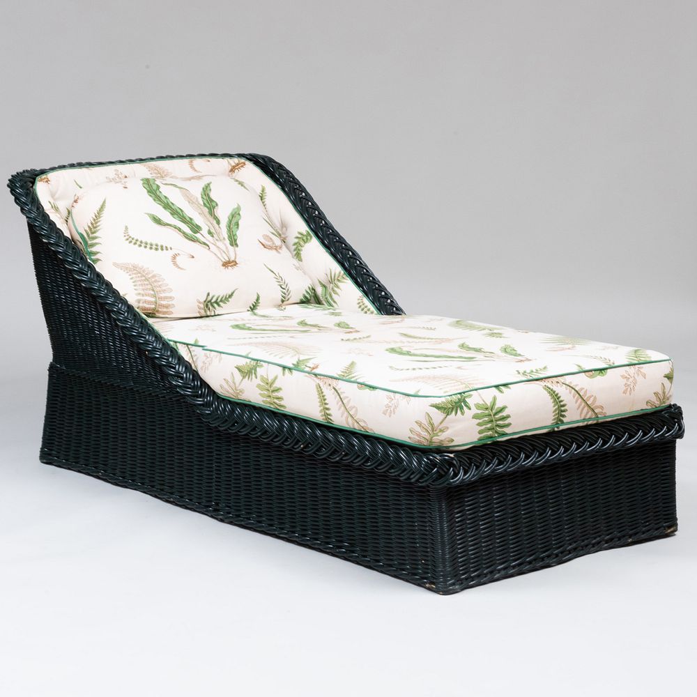 Appraisal: Green Wicker and Linen Upholstered Chaise Lounge Bielecky Brothers With