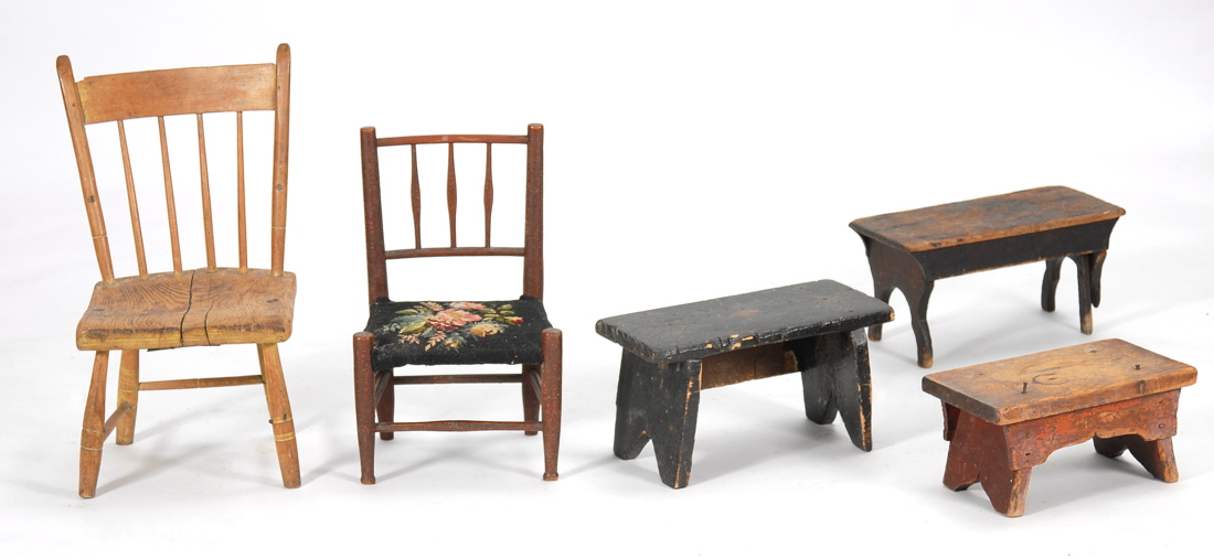 Appraisal: TWO CHAIRS AND THREE CRICKETS American th CenturyTwo child's chairs