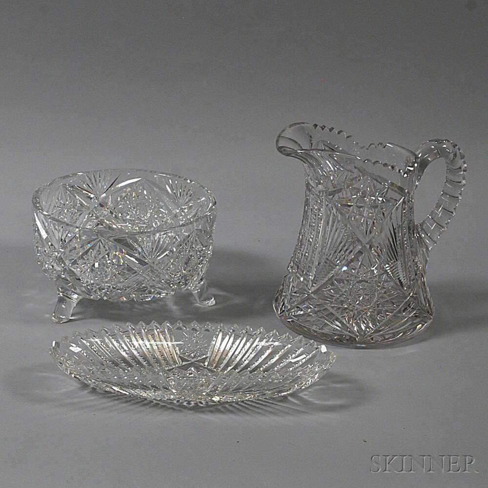 Appraisal: Three Pieces of Colorless Cut Glass th century a footed