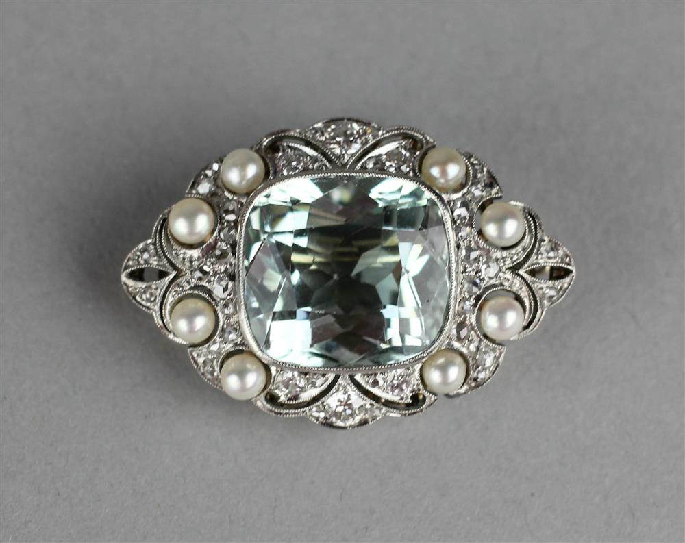 Appraisal: LADY'S AQUAMARINE PEARL AND DIAMOND BROOCH centered by a large