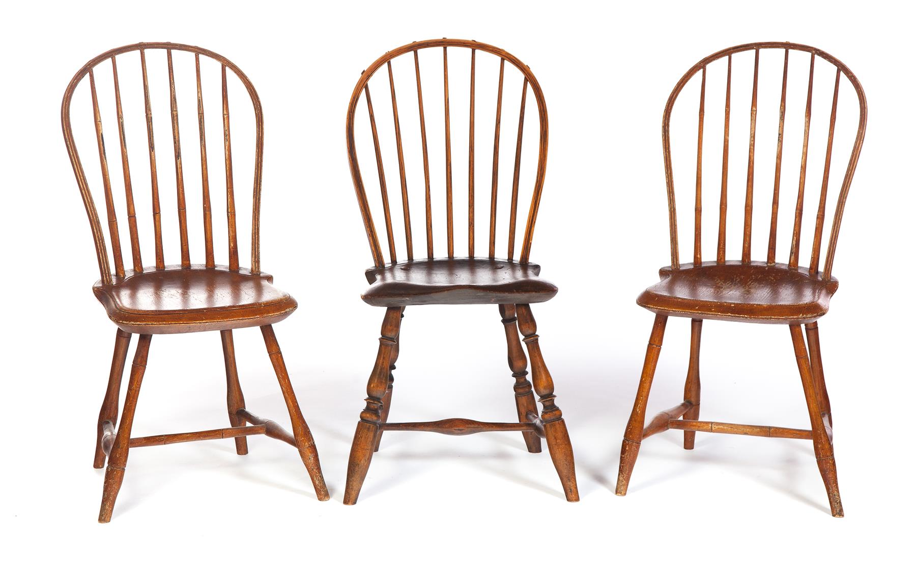 Appraisal: THREE AMERICAN BOWBACK WINDSOR SIDE CHAIRS Nineteenth century Single with