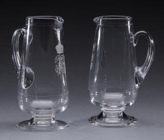 Appraisal: Continental crystal pitchers w monogram h Pair of Continental diminutive