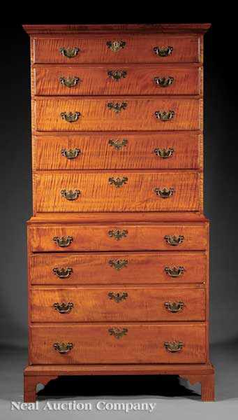 Appraisal: An American Chippendale Tiger Maple Chest-on-Chest New England upper case