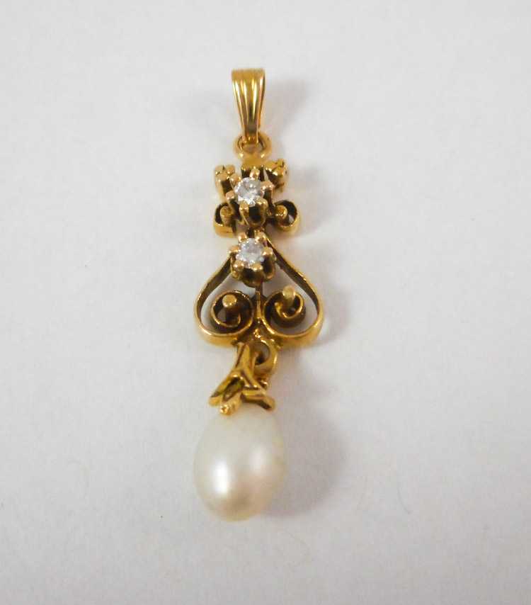 Appraisal: PEARL DIAMOND AND FOURTEEN KARAT GOLD PENDANT with two round-cut