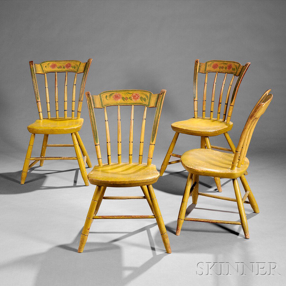 Appraisal: Set of Four Yellow Paint-decorated Side Chairs New England early