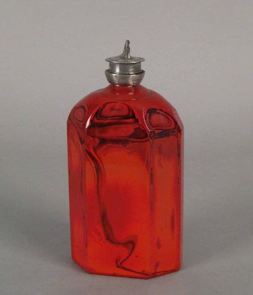 Appraisal: Unusual marbled flambe glass flask th c with pewter stopper