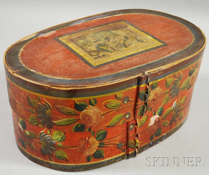 Appraisal: Scandinavian Polychrome Paint-decorated Oblong Wood Lap-sided Bride's Box with Cover