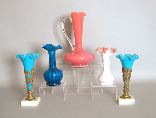 Appraisal: Four glass vases h together with a peach pitcher