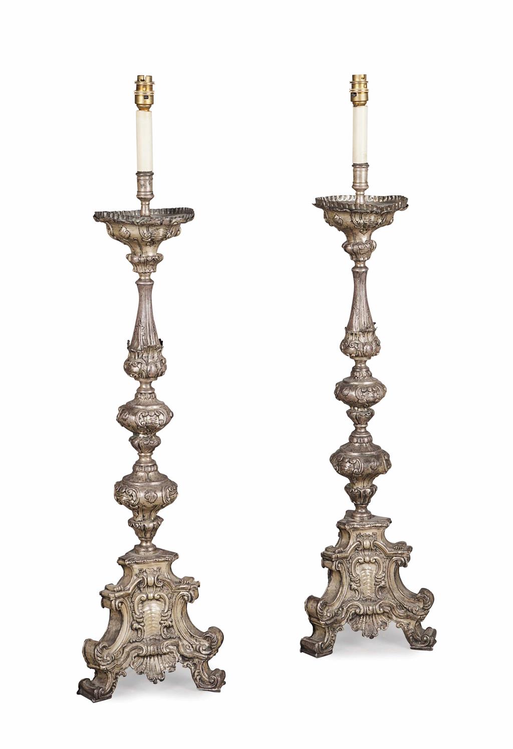 Appraisal: PAIR OF ITALIAN SILVERED METAL CANDLESTICKS TH CENTURY converted to