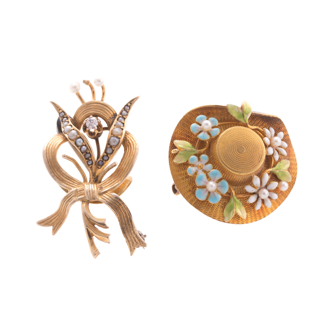 Appraisal: A Pair of Enamel Seed Pearl and Diamond Brooches K