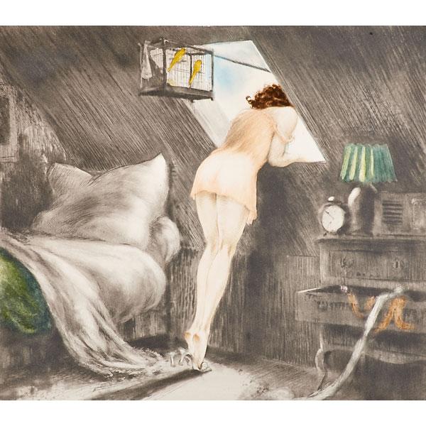 Appraisal: LOUIS ICART French - Etching on paper Attic Room framed