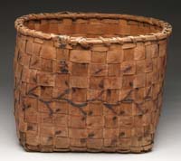 Appraisal: SQUARE BOTTOMED ROUND DECORATED BASKET The wide splint sides have