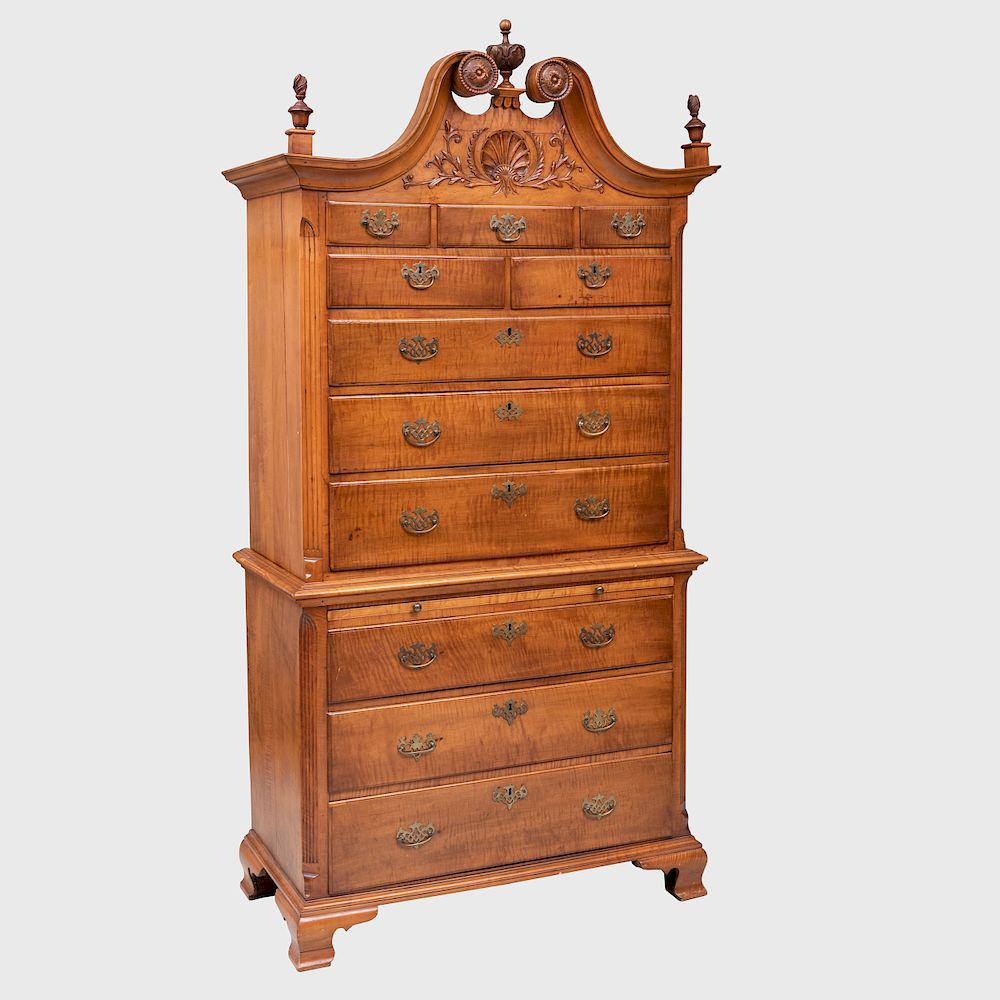 Appraisal: Chippendale Tiger Maple Chest on Chest Pennsylvania ft x x