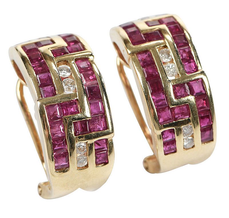 Appraisal: kt Diamond and Ruby Earrings each with square cut rubies