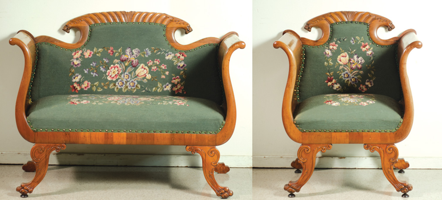 Appraisal: EMPIRE REVIVAL MAHOGANY SETTEE AND MATCHING ARMCHAIR American c featuring