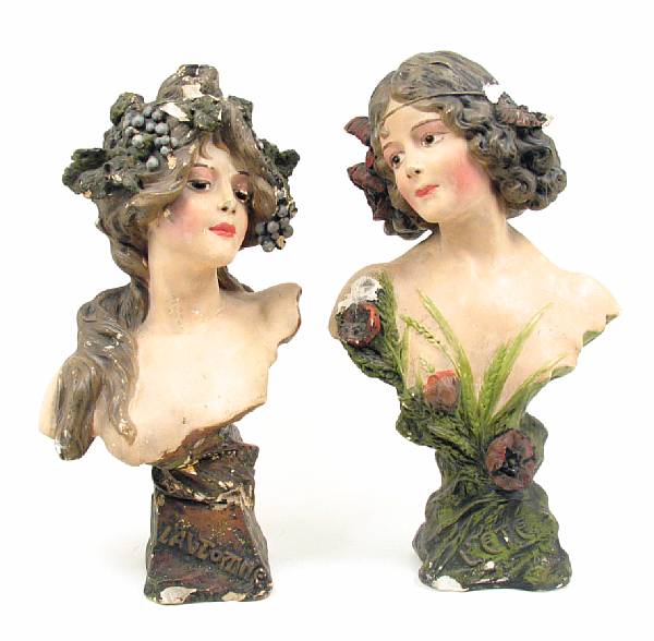 Appraisal: A pair of Art Nouveau style paint decorated chalkware busts