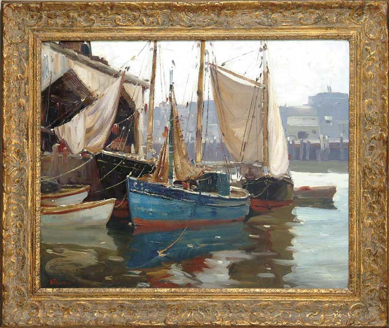 Appraisal: ANTHONY THIEME American - BOATS DOCKSIDE IN HARBOR Large oil