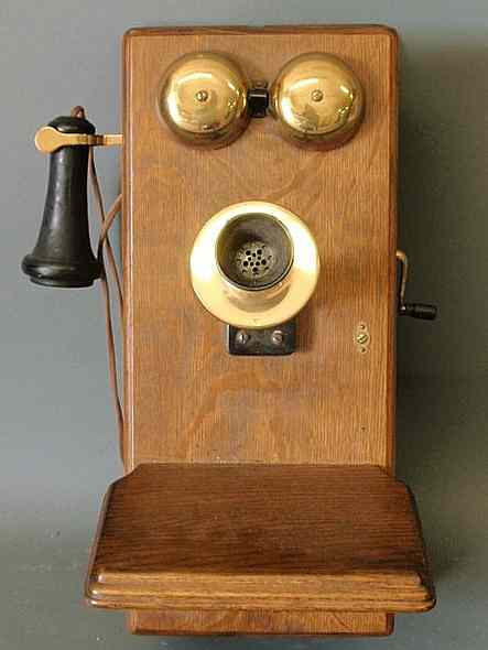 Appraisal: Oak cased Kellogg wall telephone with brass bells converted to