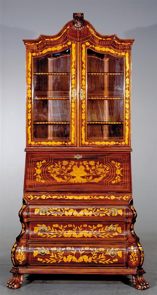 Appraisal: Dutch style marquetry bureau bookcase bombe form with extensive inlay