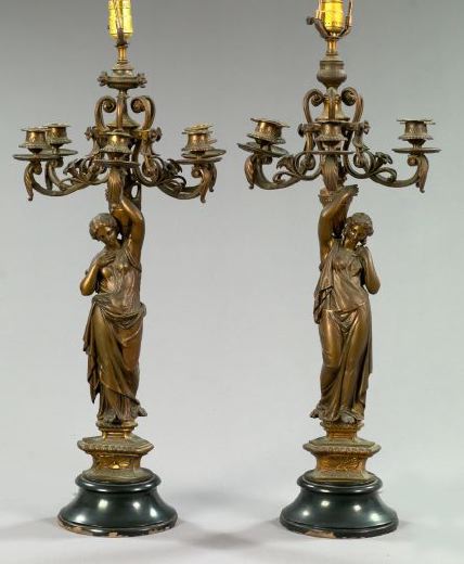 Appraisal: Large Pair of Napoleon III Bronze-Patinated Spelter Five-Light Figural Candelabra